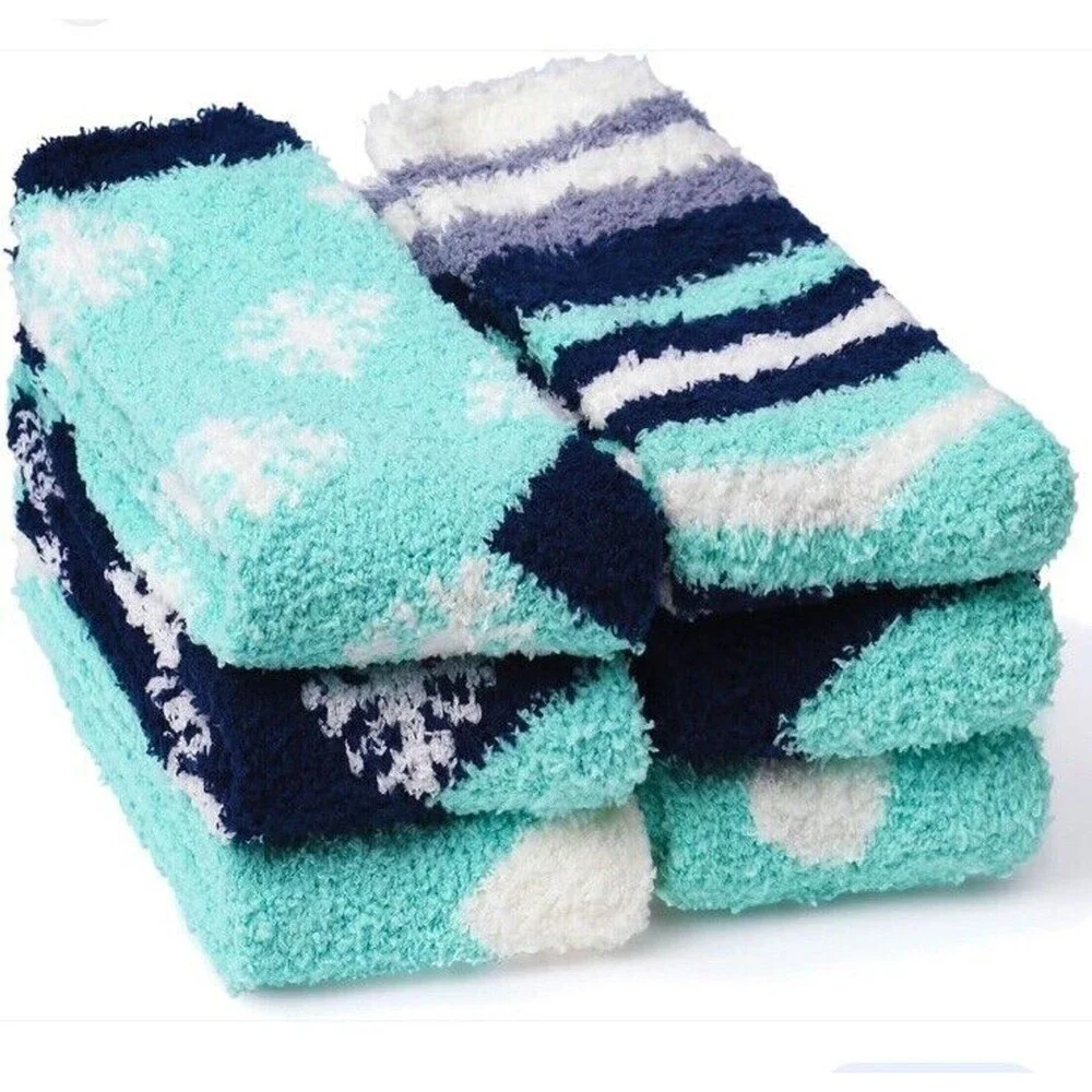 Women’s 6 Pack Fuzzy Warm Slipper Socks Soft Plush Winter Cozy Size 9-11